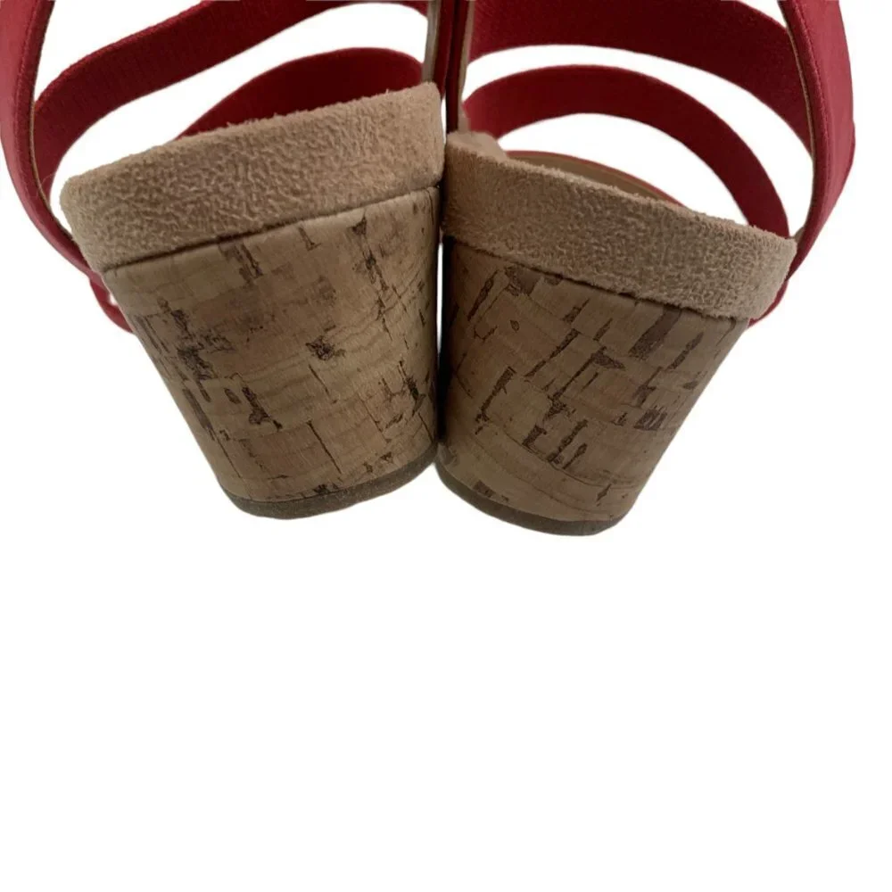Life Stride Marina Red Strappy Cork Wedge Sandals Women's Size 7W
